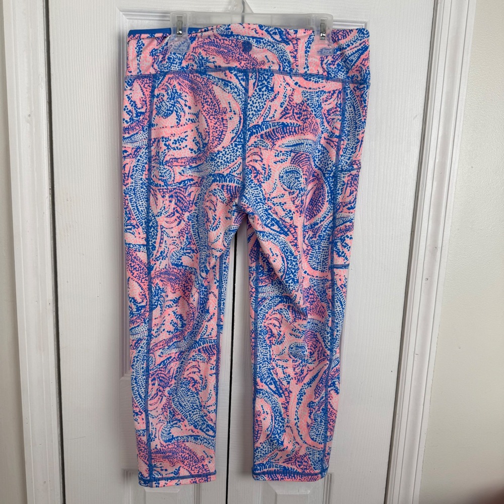Lilly Pulitzer Luxletic Leggings Large Pink Blue Coastal Preppy Crop Pockets - Picture 3 of 5
